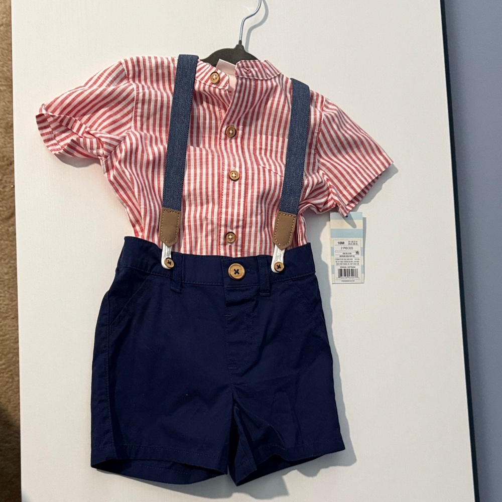Cat & Jack Navy Blue Shorts with Red Stripe Button-Up Shirt and Suspenders